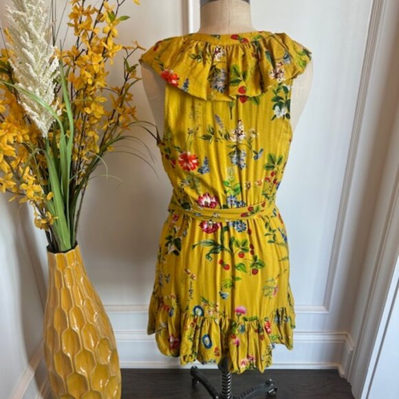 Anthropologie Maeve Floral Faux Wrap strawberry Gold Mustard Yellow Dress - Picture 9 of 16